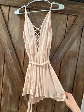 Sage Light Blush Pink Spaghetti Strap Romper with Crisscross Back
